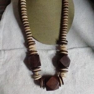 Huge brown cream wood beaded African ethnic tribal necklace